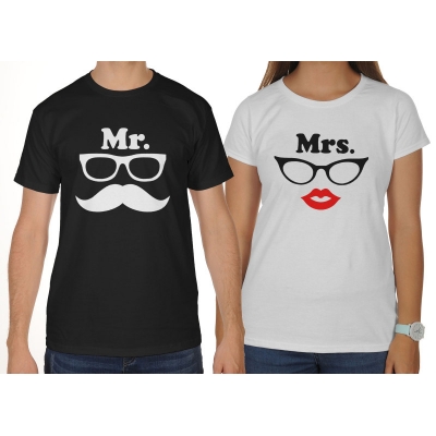 Koszulki dla par zakochanych komplet 2 szt Mr. Mrs. glasses